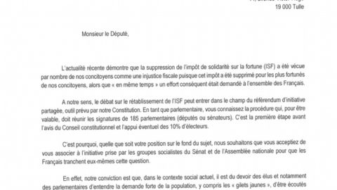 Référendum ISF: La Fédération de la Corrèze du PS sollicite les parlementaires corréziens