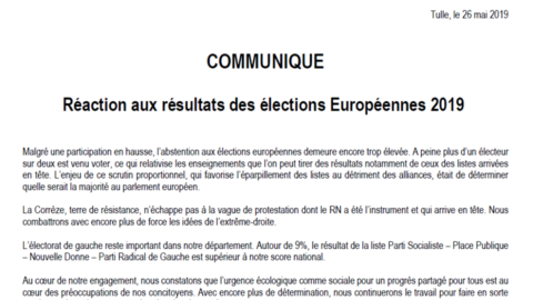 Réaction aux résultats des élections européennes en Corrèze