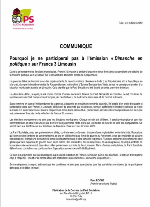 Pourquoi je ne participerai pas à l’émission « Dimanche en politique » sur France 3 Limousin